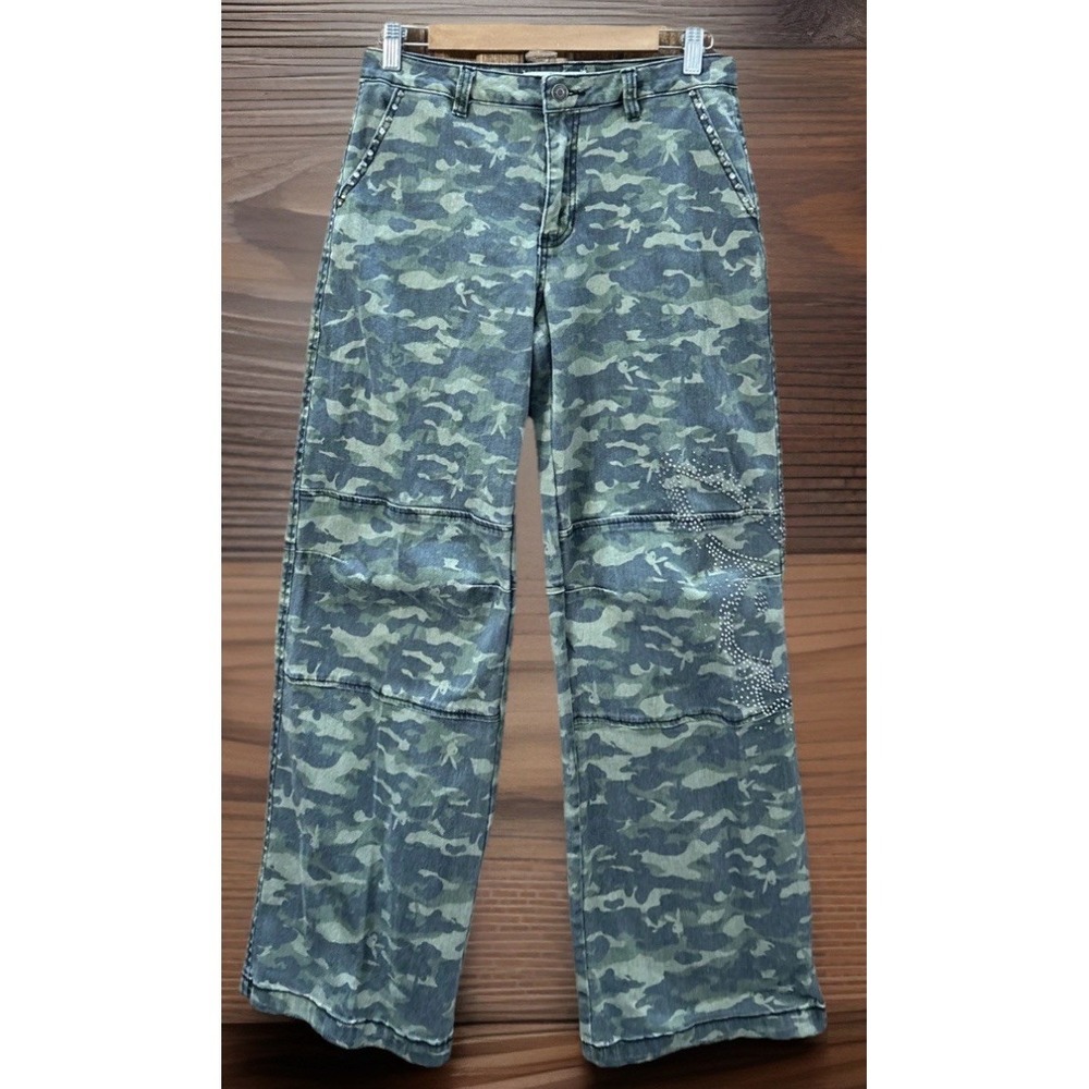 Women'sโ Y2K Playboy Camo Pants Baggy Rhinestone Bling Utility Wide Leg 9 Flare